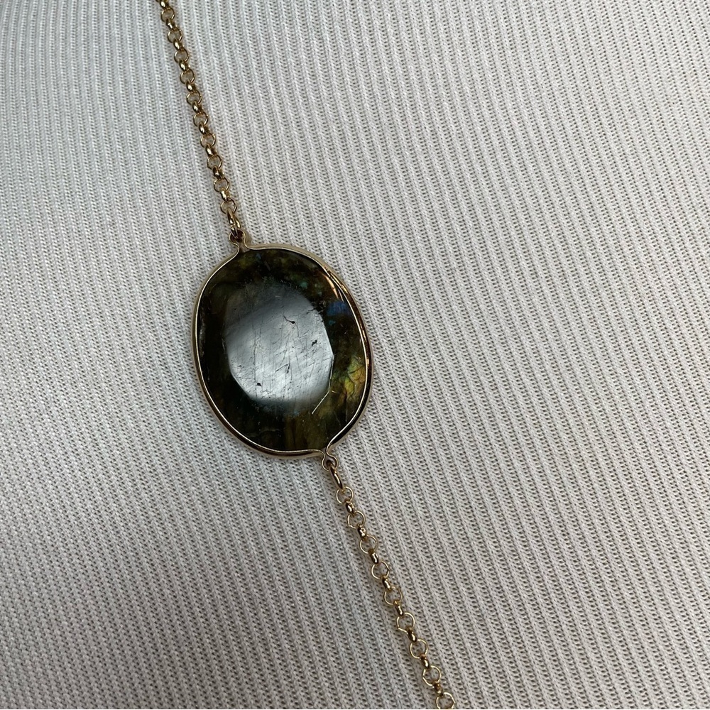 Marlyn Schiff Faceted Glass Long Necklace Gold Tone Chain Green Blue Grey Glass - Picture 2 of 6